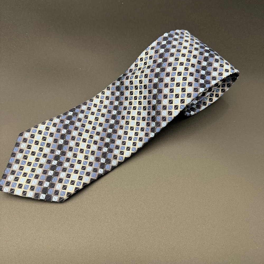 Roberto Villini Couture 100% Silk‎ Handmade Necktie Blue Geometric